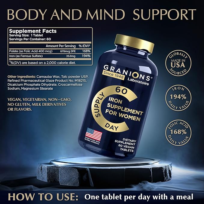 Vegan Iron Supplements for Women - 194% Daily Womens Iron Supplement for Pregnancy and Anemia Folic Acid Prenatal Vitamins - 168% Folate Folic Acid - 60 Tablets