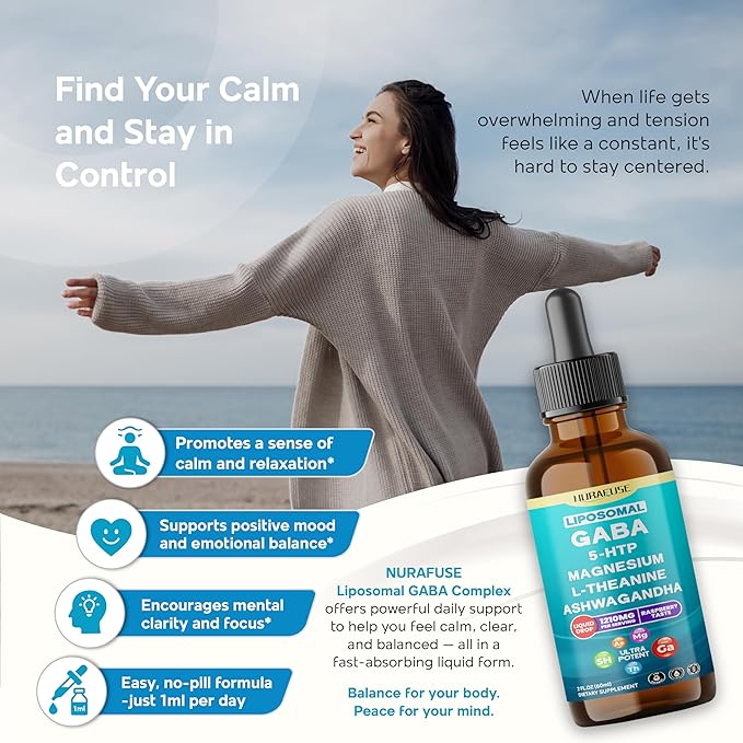 Liposomal GABA, 5-HTP, Magnesium, Theanine, Ashwagandha Liquid Drops – Ultra Potent, Raspberry Taste, USA Made & Lab Tested – 2 FL OZ (60ml)