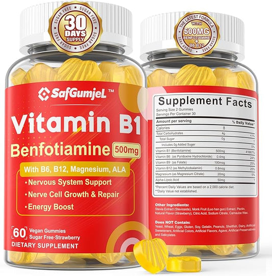 Vitamin B1 Gummies - Benfotiamine 500mg, Vitamin B1 B6 B12 Complex, 3.6X More Effective Than Thiamine, Carbohydrate & Energy Plus Healthy Nervous System, 1 Pack
