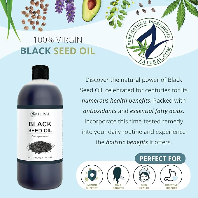 Zatural Black Seed Oil Nigella Sativa Cold Pressed Cumin Oil Digestion, Skin, Brain, Immune, Joints & More (32 Fl Oz)