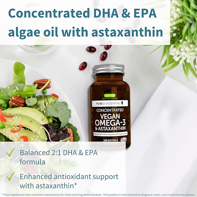 Igennus Vegan Omega-3 Natural Triglyceride Algae Oil, DHA & EPA Fatty Acid Supplement, 180 Small Softgels with Astaxanthin, Easy-to-Swallow, Pure & Sustainable, 90 Servings