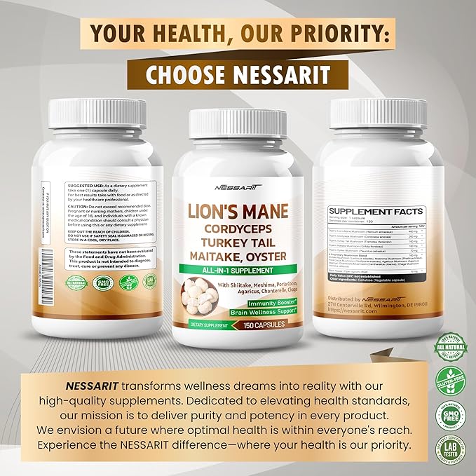 Lion's Mane Supplement - 12-in-1 Natural Blend with Cordyceps Turkey Tail Maitake Oyster Shiitake Meshima Poria Cocos - 150 Count - Made & Tested in The USA