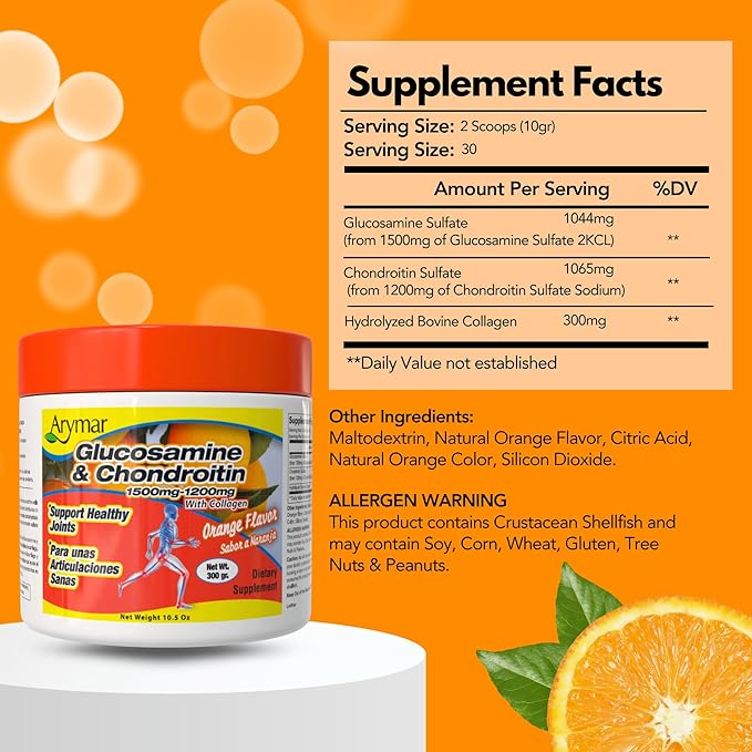 Arymar Glucosamine & Chondroitin 1500mg-1200mg with Collagen, Supports Joint Health, Orange Flavor