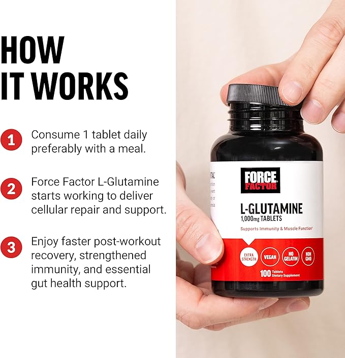 FORCE FACTOR L-Glutamine 1000mg Tablets, Glutamine for Muscle Recovery, Healthy Muscle Function, and Immunity, Vegan, Non-GMO, 100 Tablets