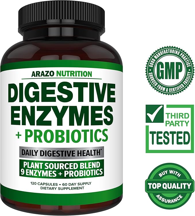 Digestive Enzymes with Probiotics - Multi Enzyme Nutritional Supplement - Acidophilus Bromelain Papaya Papain Lipase & Lactase - Improve Digestion - 120 Pills - Arazo Nutrition
