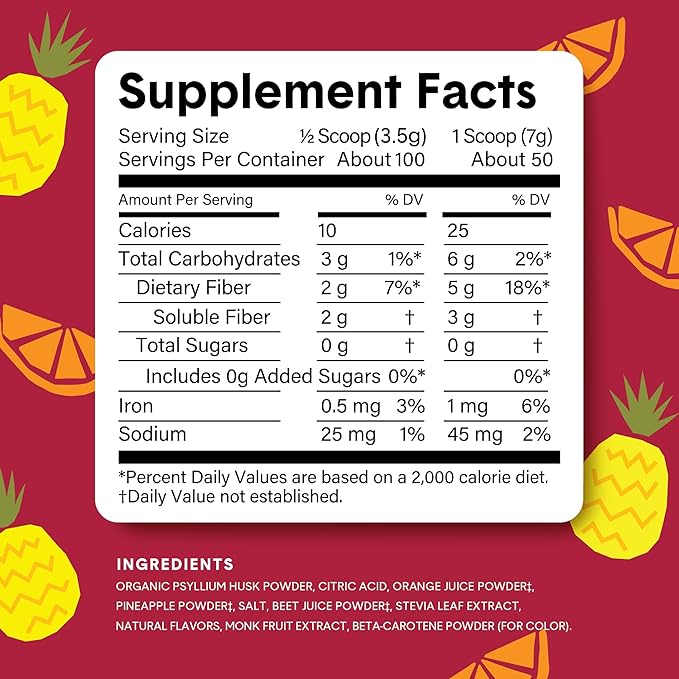 Bellway Super Fiber Powder + Fruit, Sugar Free Organic Psyllium Husk Powder Fiber Supplement for Regularity, Bloating Relief & Gut Health, Non-GMO, Plant-Based, Fruit Punch (50 Servings)