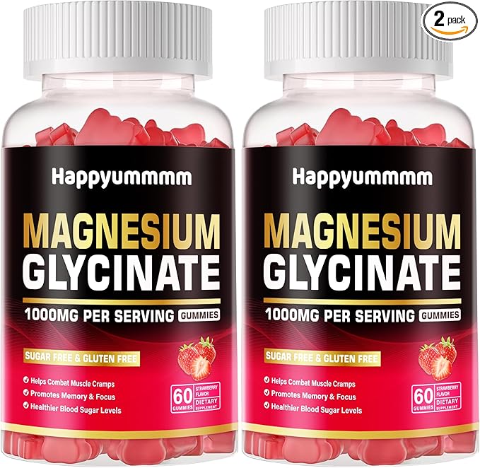 Magnesium Glycinate Gummies 1000mg - Sugar Free Magnesium Potassium Supplement with Vitamin D, B6, CoQ10 for Calm Mood & Sleep Support - 120 Strawberry Gummies