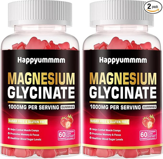 Magnesium Glycinate Gummies 1000mg - Sugar Free Magnesium Potassium Supplement with Vitamin D, B6, CoQ10 for Calm Mood & Sleep Support - 120 Strawberry Gummies