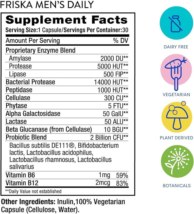 FRISKA Men’s Daily Digestive Enzyme and Probiotics Supplement, Natural Support for Male Digestive Health, Bloating, Gas, Indigestion Relief, Supports Gut Health, Lactase and B-Vitamins, 30 Capsules