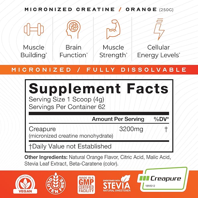 Muscle Feast Creapure Micro - Micronized Creatine Monohydrate Powder | Premium Pre-Workout or Post-Workout | Easy to Mix, Gluten-Free, Safe and Pure, (Orange, 250g)