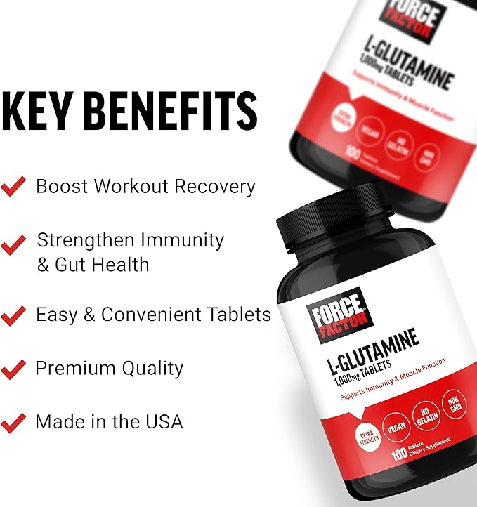 FORCE FACTOR L-Glutamine 1000mg Tablets, Glutamine for Muscle Recovery, Healthy Muscle Function, and Immunity, Vegan, Non-GMO, 100 Tablets