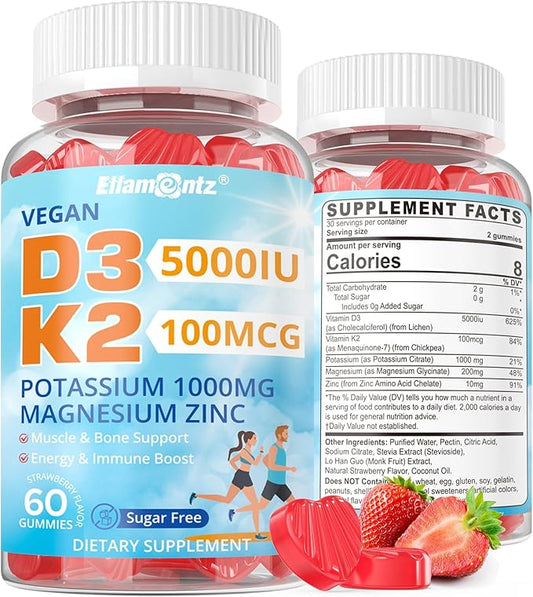 Sugar Free Vitamin D3 5000 IU + K2 (MK-7) Magnesium Gummies, Vegan Vitamin D3 K2 Supplement w/Potassium 1000mg, Magnesium Glycinate Zinc for Adults, Vitamin D Gummies Chewable for Teeth, Immune, 1Pack