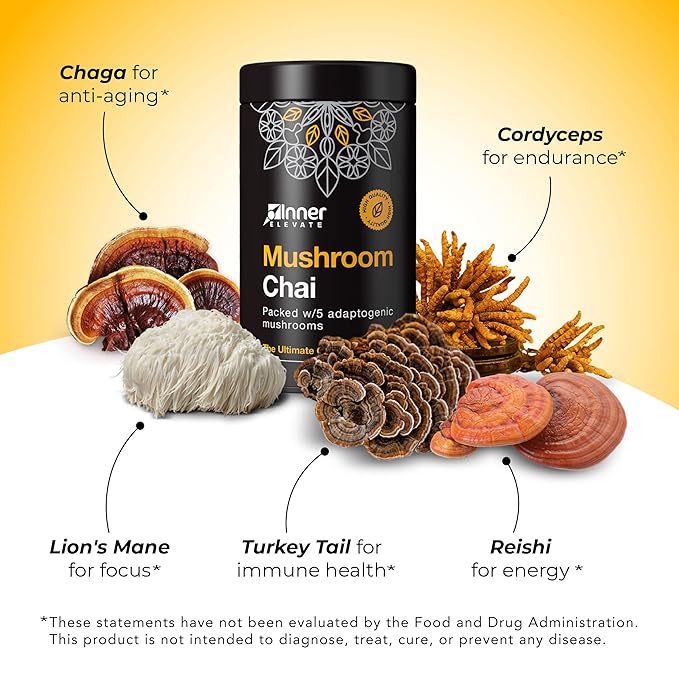Inner Elevate Mushroom Chai - Ultimate Coffee Alternative - Adaptogenic Mushroom Tea Drink with Lion's Mane, Cordyceps, Chaga, Reishi, Turkey Tail (35 Servings)