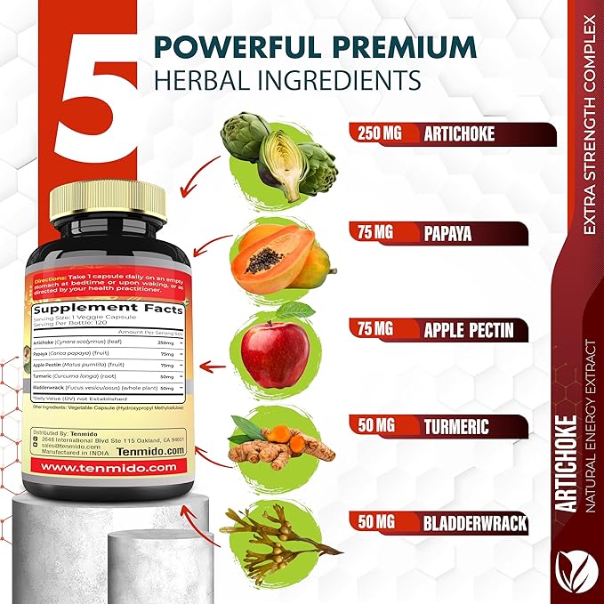 Artichoke Supplement Extract Capsules, 4 Months Supply with Papaya, Apple Pectin, Turmeric Curcumin, Bladderwrack - Supports Digestion Function - 120 Vegan Capsules