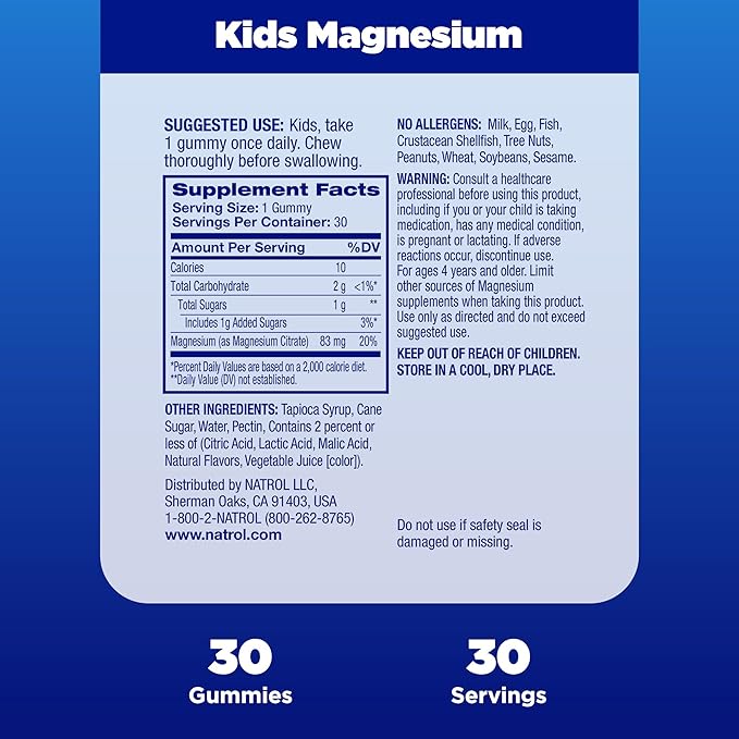 Natrol Kids Magnesium Citrate Gummies, Gently Calm and Relax Little Minds and Bodies, Plus Support Healthy Muscle Relaxation and Function, 30 Razzilicious Gummies, Up to a 30 Day Supply