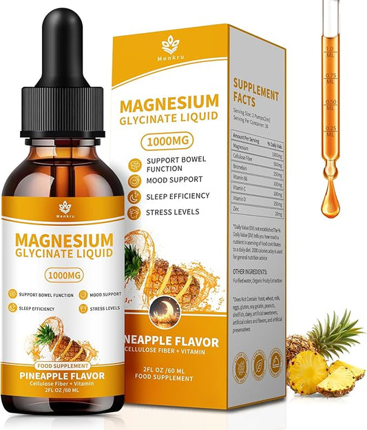 Magnesium Glycinate Liquid Drops. High Absorption Magnesium Liquid Supplement, with Cellulose Fiber, Vitamin B6, C, D, Zinc,for Sleep, Nerve, Energy, Muscle, Bone, Calm & Digestion, 2 Fl oz