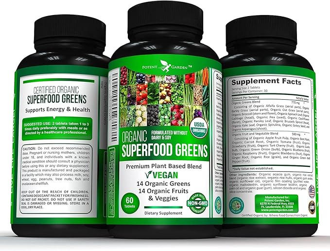 Potent Garden Organic Superfood Greens, Fruit and Veggies Supplement Rich in Vitamins & Antioxidants with Alfalfa, Beet Root & Tart Cherry to Boost Energy, Immunity & Gut Health, Greens Tablets 60 Ct