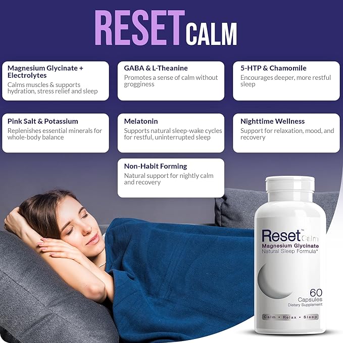 ResetCalm Night Electrolyte Formula, Magnesium Glycinate, 5-HTP, GABA, L-Theanine, Chamomile and Melatonin