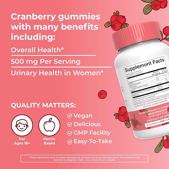Organic Cranberry Gummies by MaryRuth's | 500mg Cranberry Supplement | Urinary Tract Health for Women | with D Mannose | Traditional Use | USDA Organic | Vegan | Non GMO | 30 Servings