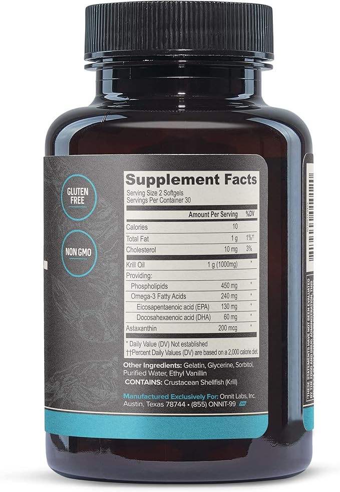 ONNIT Antarctic Krill Oil Soft Gels, Dietary Supplement with Omega-3s, EPA, DHA, Astaxanthin and Phospholipids to Support Coginitive, Cardiovascular and Joint Health, 1000mg Per Serving, 60 Count