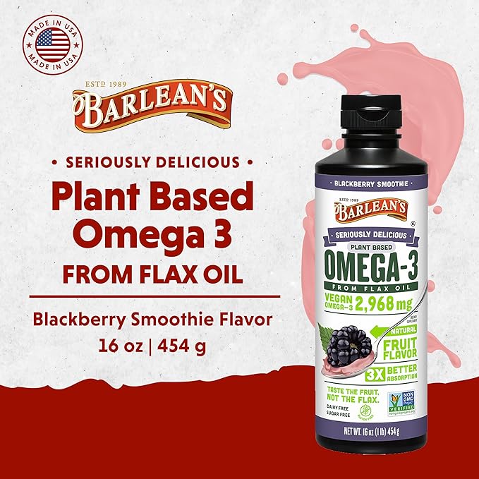 Barlean's BlackBerry Flaxseed Oil Liquid, Vegan Omega 3 6 9 Supplements for Kids and Adults with 2,968 mg of Vegan Omegas, Non-GMO and Gluten Free, 16 oz