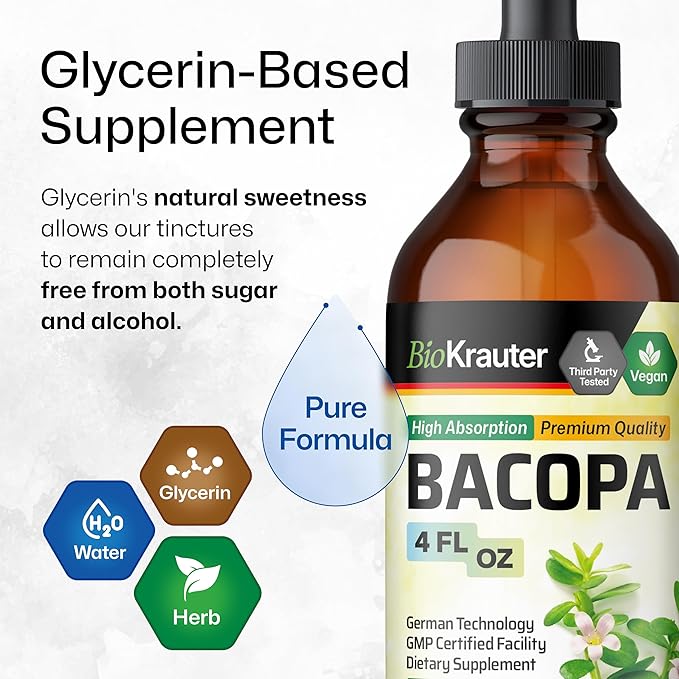 BIO KRAUTER Bacopa Monnieri Supplement Liquid - Brain Support Brahmi - Alcohol & Sugar Free Liquid Bacopa Herb Drops 4 Fl.Oz.