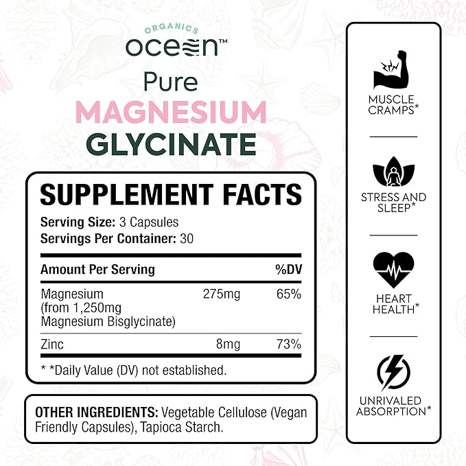 Pure Magnesium Glycinate with Zinc - Maximum Strength Chelated Magnesium Supplement for Women and Men for Muscle Cramps and Sleep Support - 90 Capsule