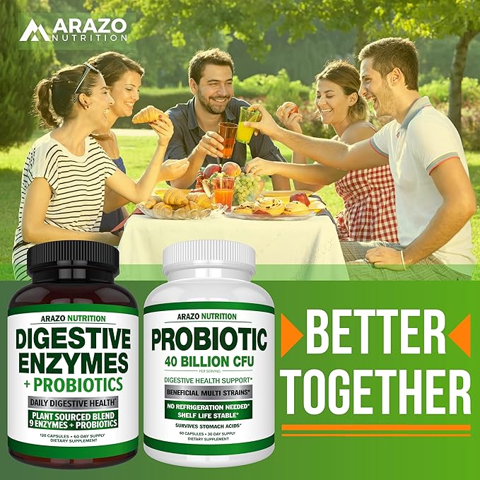Digestive Enzymes with Probiotics - Multi Enzyme Nutritional Supplement - Acidophilus Bromelain Papaya Papain Lipase & Lactase - Improve Digestion - 120 Pills - Arazo Nutrition