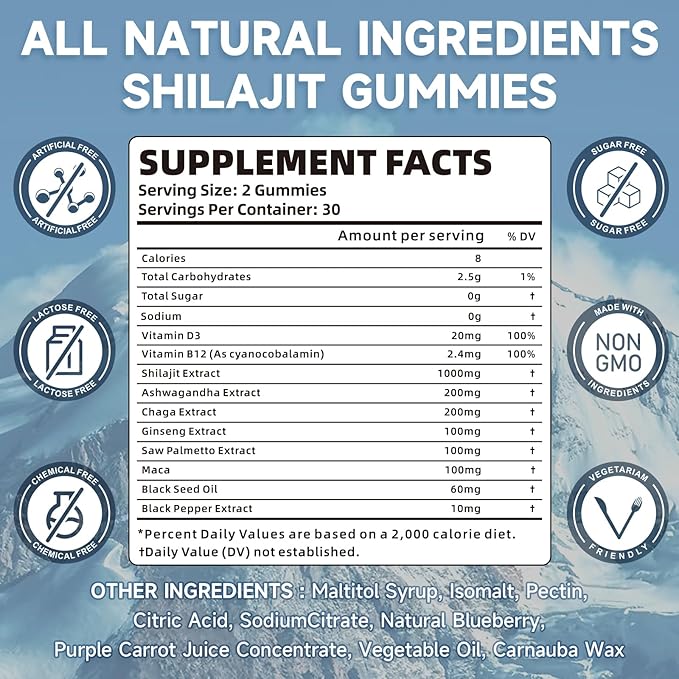 2 Packs Shilajit Gummies 1000mg Sugar Free - Pure Himalayan Shilajit Supplement for Men & Women - High in 85+ Trace Minerals & Fulvic Acid - Energy, Brain, Immunity - 120 Gummies