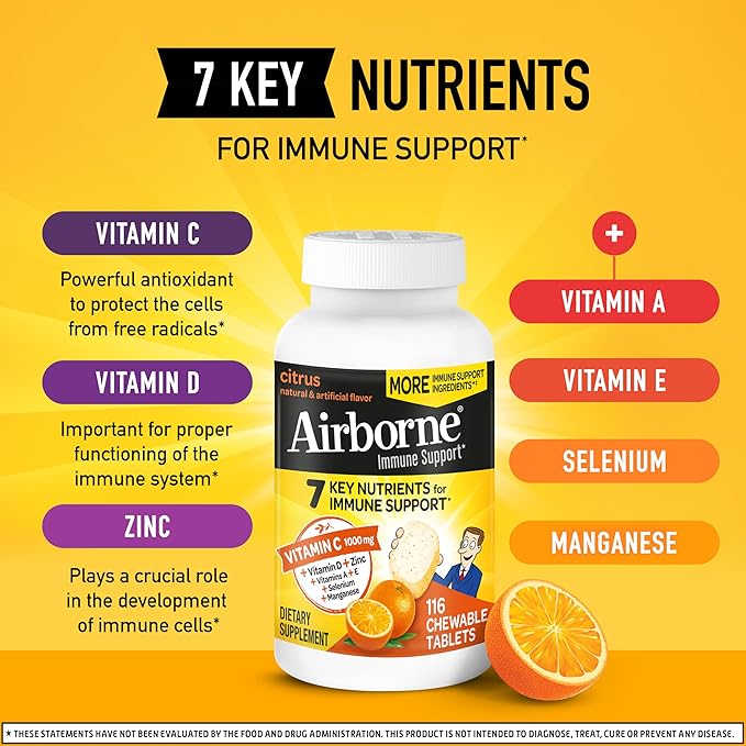 Airborne Vitamin C 1000mg (per Serving) - Citrus Chewable Tablets (116 Count in a Bottle), Gluten-Free Immune Support Supplement, with Vitamins A C E, Zinc, Selenium, Echinacea, Ginger, Antioxidants