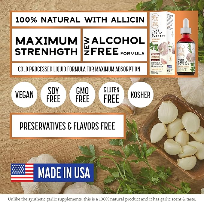 Bright Horizon Health Pure Garlic Extract – Allicin Supplement – Immune Support. Alcohol-Free Formula, Vegan, Raw, Superfood – Liquid Garlic Oil Drops - 1 fl.oz