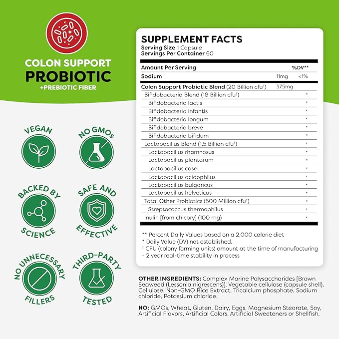 Probulin Colon Support Probiotic Supplement, Daily Gut, Digestive, and Immune Health Probiotics Capsules for Men and Women, 20 Billion CFU, Vegan, 60 Count Bottle