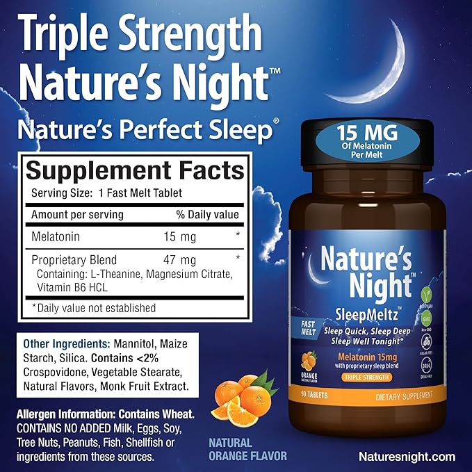 Nature's Night Triple Strength Quick Dissolve Melatonin 15mg with Supportive Blend | Natural Orange Flavor | 90 Count | Sugar Free, Vegan, Non-GMO, Drug Free
