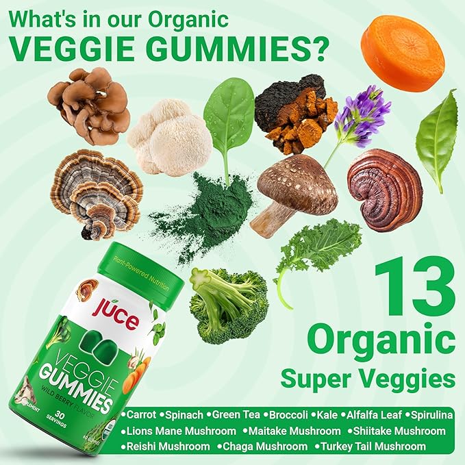 Juce Veggie Whole Superfood Gummies, Wild Berry Flavor - Plant-Based Energy, Vegan, Non-GMO, Soy Free, Nutrient-Packed, By Terra Kai Organics