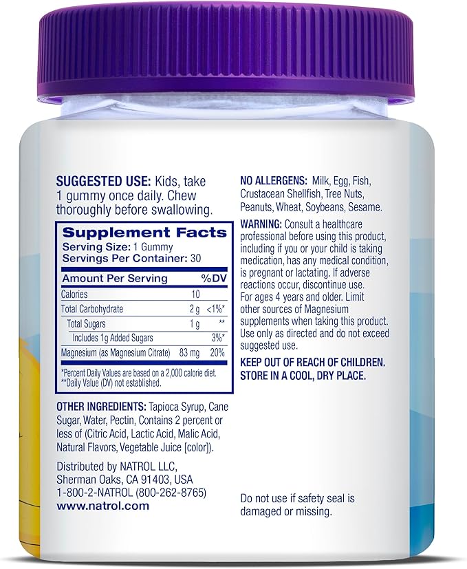Natrol Kids Magnesium Citrate Gummies, Gently Calm and Relax Little Minds and Bodies, Plus Support Healthy Muscle Relaxation and Function, 30 Razzilicious Gummies, Up to a 30 Day Supply