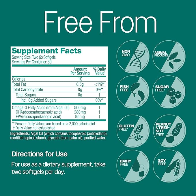 OVEGA-3 Plant-Based Omega-3 from Algal Oil Daily Supplement, 500mg, Supports Brain, Eye & Heart Health, Two mini softgels per Day, 60 Count