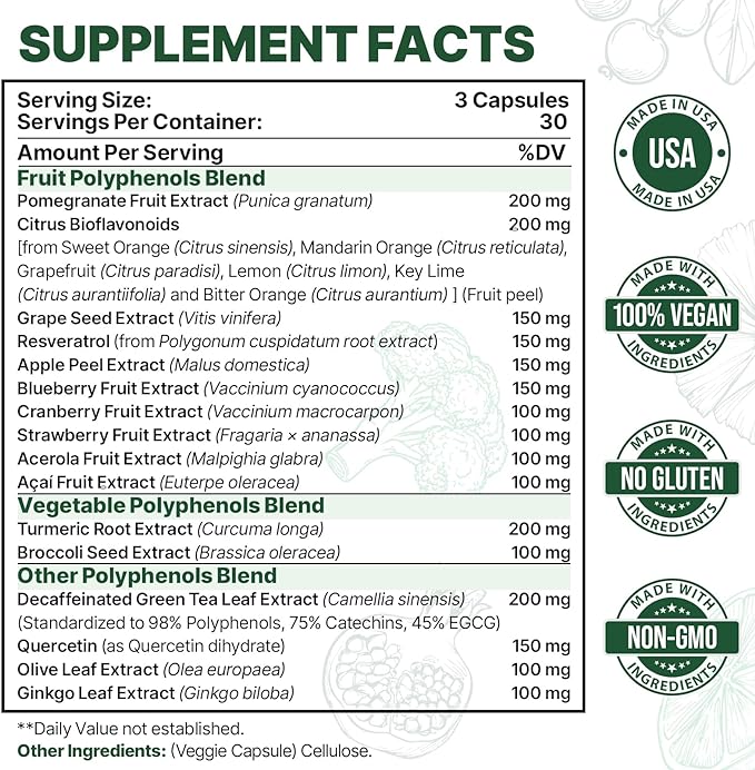 2250 MG Polyphenols Supplement Over 20 Fruits,Vegetables & Polyphenols,Quercetin,Resveratrol,Turmeric,Green Tea,Powerful Antioxidants,Polyphenols for Age Defense,Immune System,90 Capsules