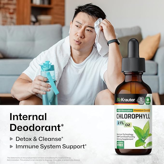 BIO KRAUTER Liquid Chlorophyll Drops - Cleanse & Immune Support - Internal Deodorant - Sodium Copper Chlorophyllin Extract Supplement - 2 fl oz