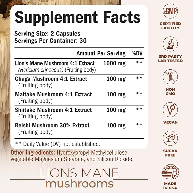 Lions Mane Supplement Capsules - Mushroom Powder Blend with Lions Mane Powder, Turkey Tail, Shiitake Mushrooms & More. Focus & Energy Supplements for Mood & Immune Support. Non-GMO. 60 Vegan Capsules