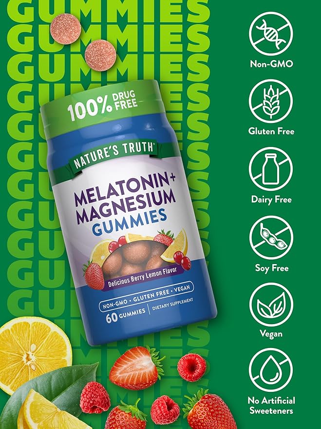 Nature's Truth Melatonin with Magnesium Gummies | 60 Count | Berry Lemon Flavor | Vegan, Non-GMO & Gluten Free Supplement
