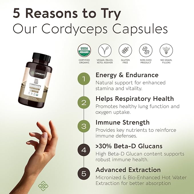 Longevity Botanicals Organic Cordyceps Mushroom Extract Capsules (120) | Concentrated 10:1 Ratio | 100% Fruiting Bodies | Cordyceps Militaris Natural Supplement for Respiratory & Performance Support