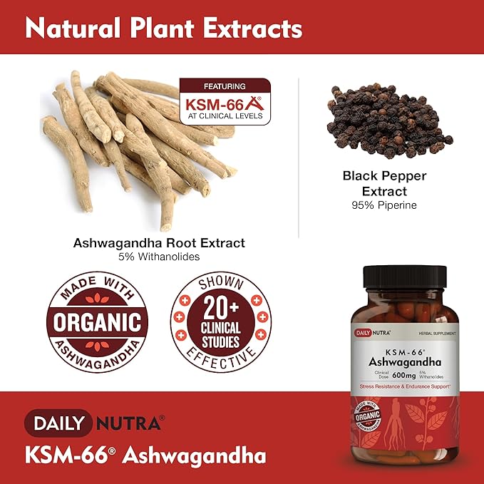 KSM-66 Ashwagandha 600mg Organic Root Extract - High Potency Supplement with 5% Withanolides | Relieves Tiredness, Supports Relaxation, Focus, Energy, & Muscle Growth (90 Capsules)