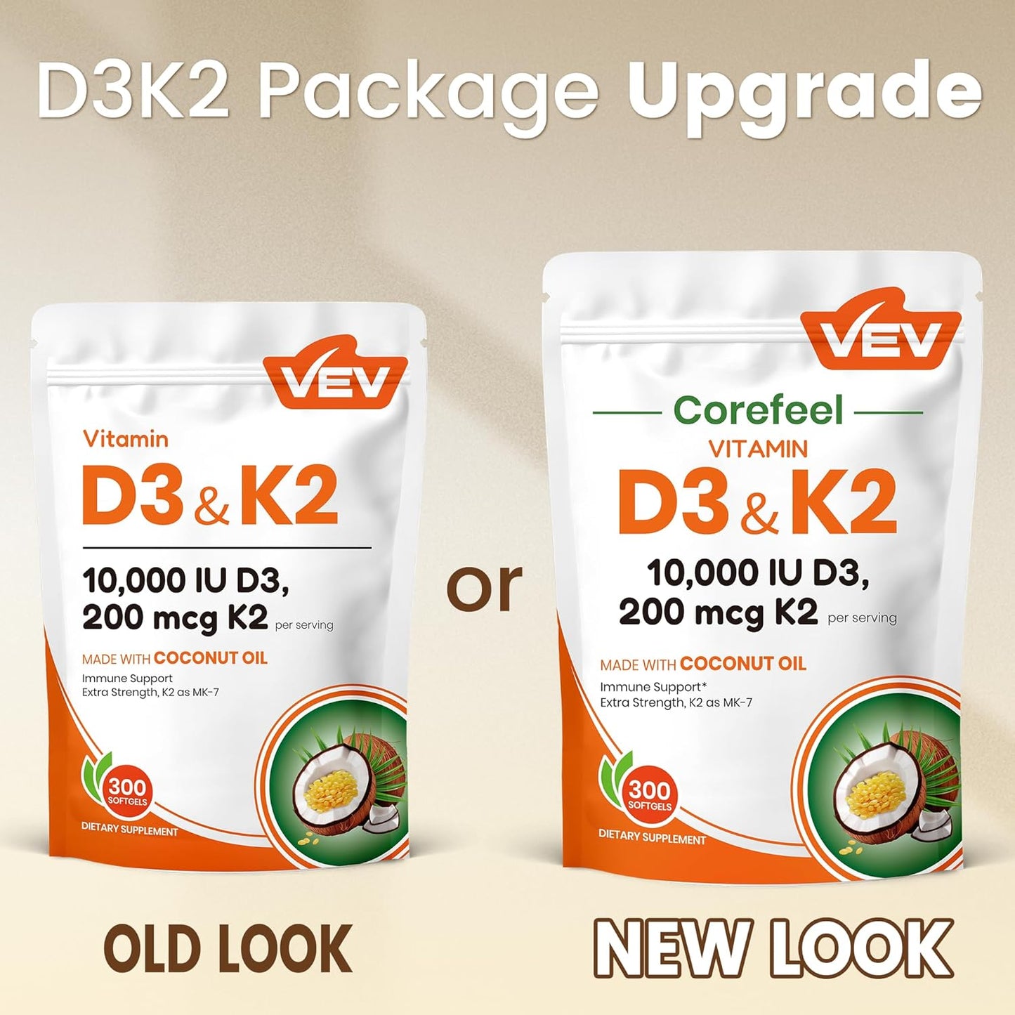 VEV Vitamin D3 Con K2 10000 IU, 300 Virgin Coconut Oil Softgels, 2 in 1 Vitamins Supplement D & K (Include MK7), Easy to Swallow, Supports Calcium Absorption, Bone Health(Packaging May Vary)