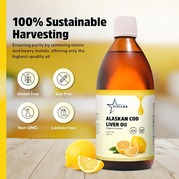 Stellar Alaskan Cod Liver Oil - Organic Lemon, 16.67 oz | Wild-Caught in USA | Rich in Omega-3 DHA/EPA & Vitamin D | Non-GMO Certified | Supports Heart, Brain & Immune Health