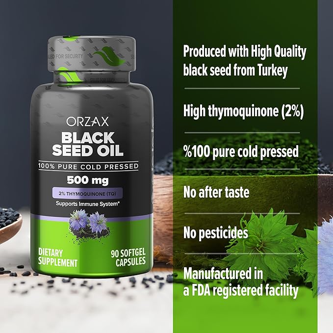 ORZAX Black Seed Oil Cold Pressed 100% Pure | Non-GMO - Rich in Omega 3 6 9 & Thymoquinone | Black Cumin Nigella Sativa Oil for Immune Support, Hair, Skin, Face (500 mg - 90 Softgel Capsules)