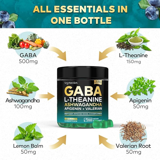 GABA L-Theanine Gummies Natural Stress Relief Supplement - Calm, Sleep, Relaxation & Mood Support, Magnesium, Vitamin B6, Ashwagandha, Apigenin, Non-Habit Forming Sugar free Gummy, Blueberry Flavor
