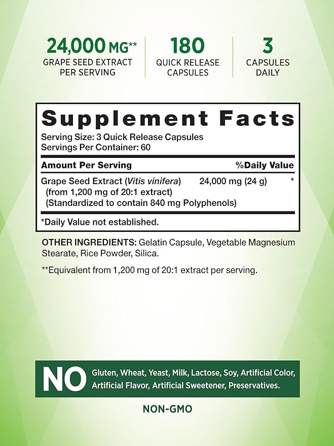 Nature's Truth Grape Seed Extract 24,000 mg | 180 Capsules | Standardized Supplement | Non-GMO & Gluten Free Formula