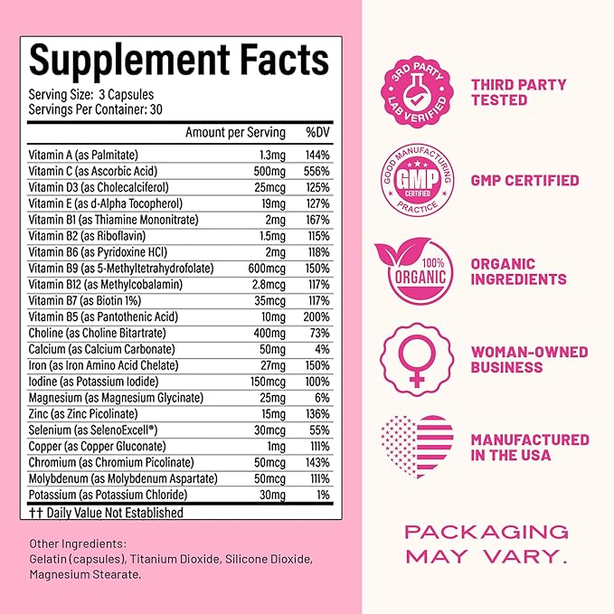 VITA-PCOS Prenatal Vitamins for Women - Prenatal Multivitamins with Folic Acid, Iron, Choline & More - Multivitamin for Women and Preconception - 90 Count Capsules (Pack of 1)