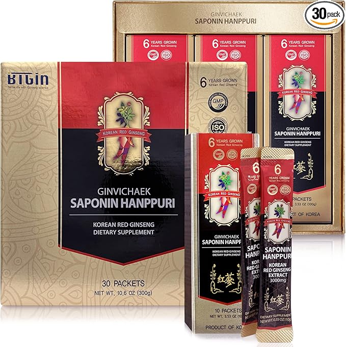Korean Red Ginseng Extract 3000mg Everyday, Saponin Hanppuri, Immune Booster and Focus Supplement for Brain Enhancement with Ginsenoside Rg3, Panax Ginseng 6 Years Root, 30Packets in 1 Set