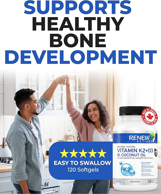 Renew Actives D3 K2 Supplement with Coconut Oil 1000 IU per Serving- Promotes Immune Function, Bone Health & Teeth, Enhances Calcium Absorption for Optimal Wellness - Made in Canada - 120 Softgels